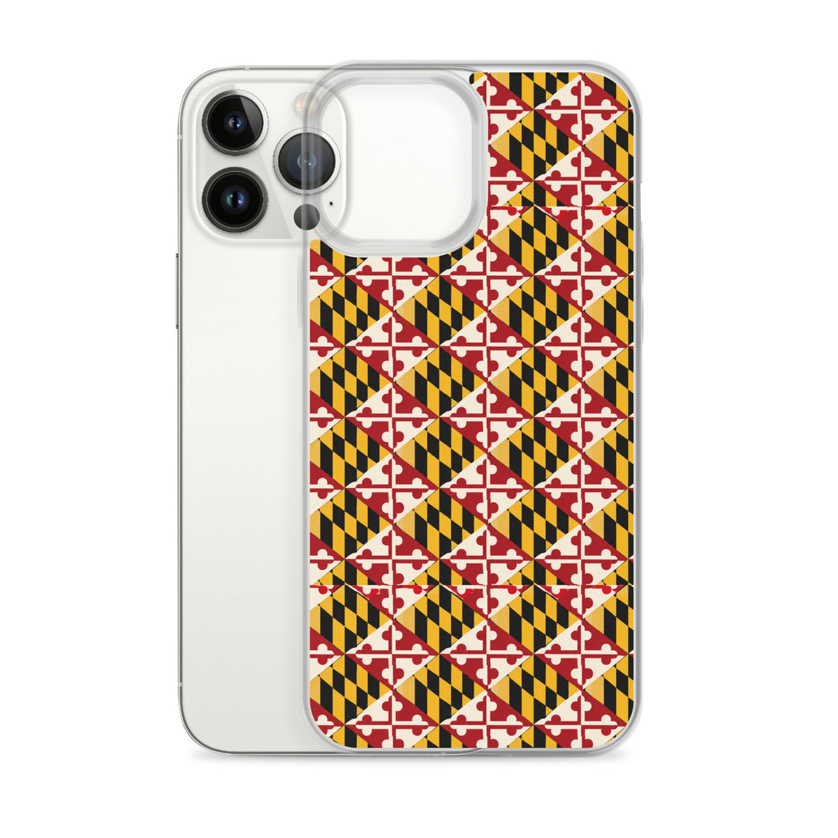 Maryland Flag Remix clear case for iPhone iphone 13 pro max, shown beside phone