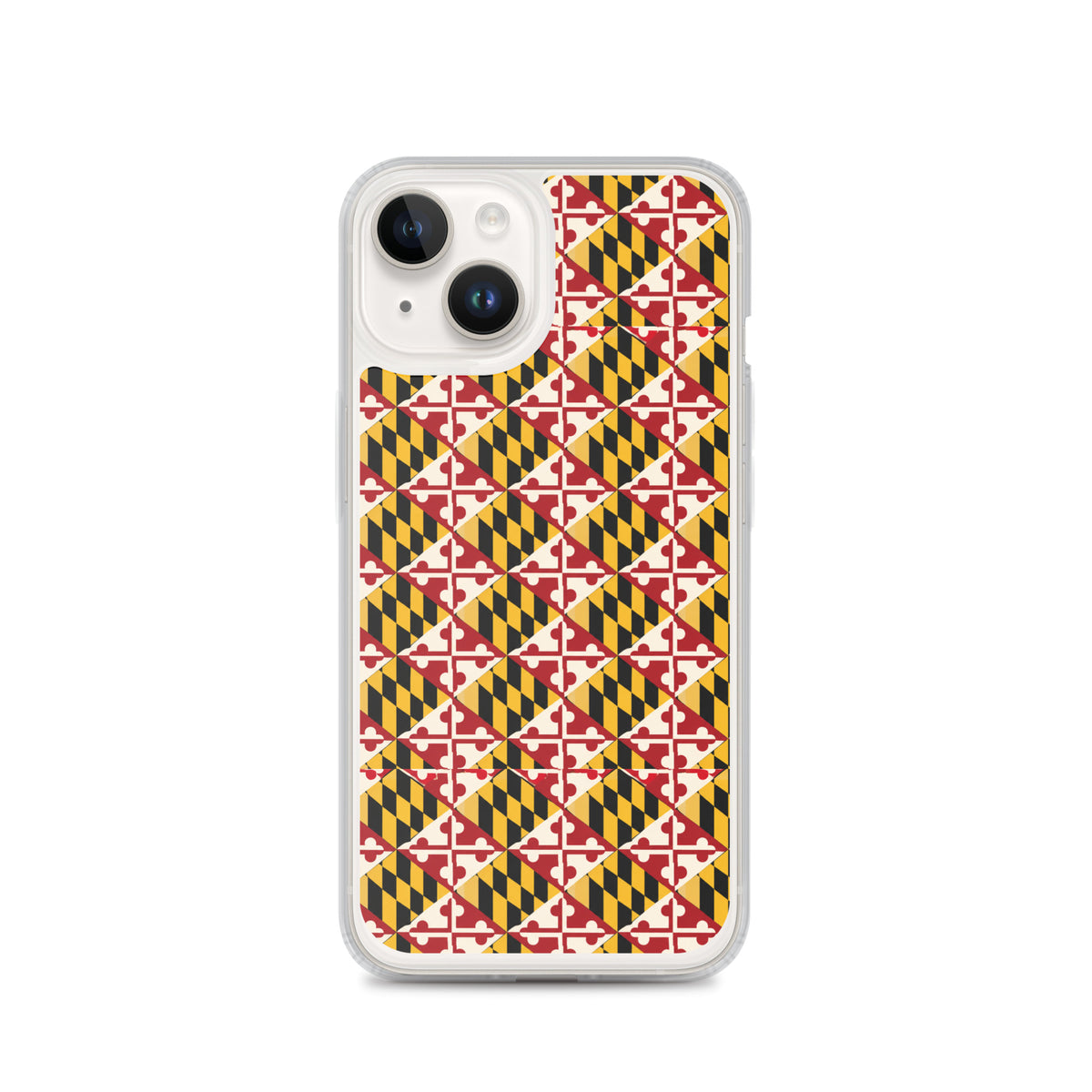 Maryland Flag Remix clear case for iPhone iphone 14, shown on phone