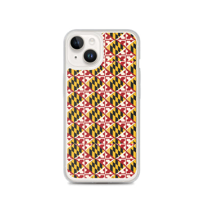 Maryland Flag Remix clear case for iPhone iphone 14, shown on phone
