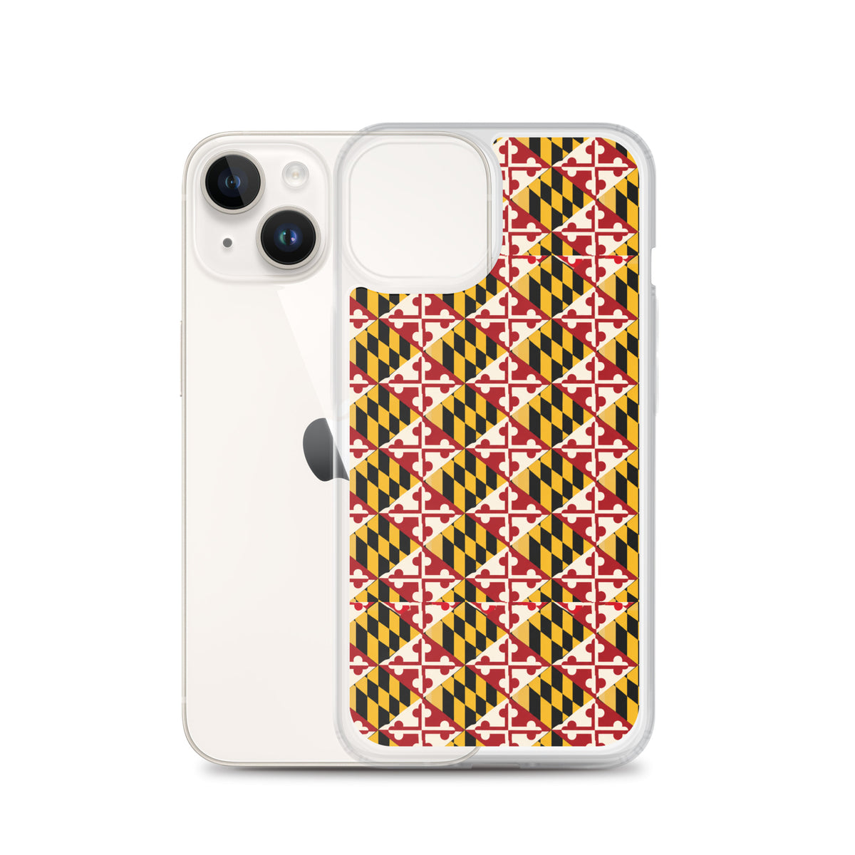 Maryland Flag Remix clear case for iPhone iphone 14, shown beside phone
