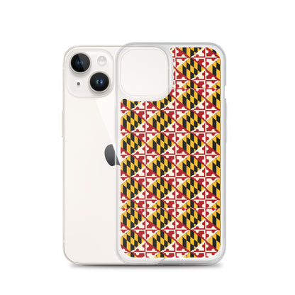 Maryland Flag Remix clear case for iPhone iphone 14, shown beside phone