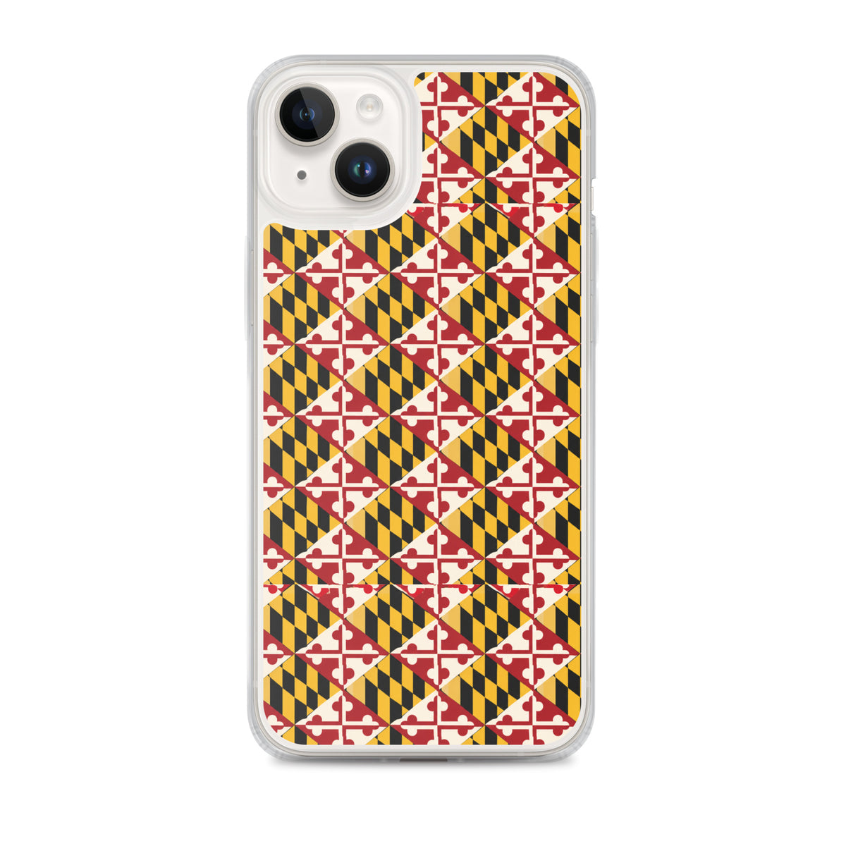 Maryland Flag Remix clear case for iPhone iphone 14 plus, shown on phone