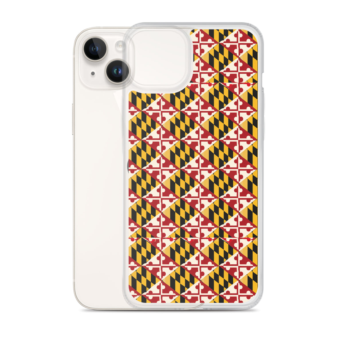 Maryland Flag Remix clear case for iPhone iphone 14 plus, shown beside phone