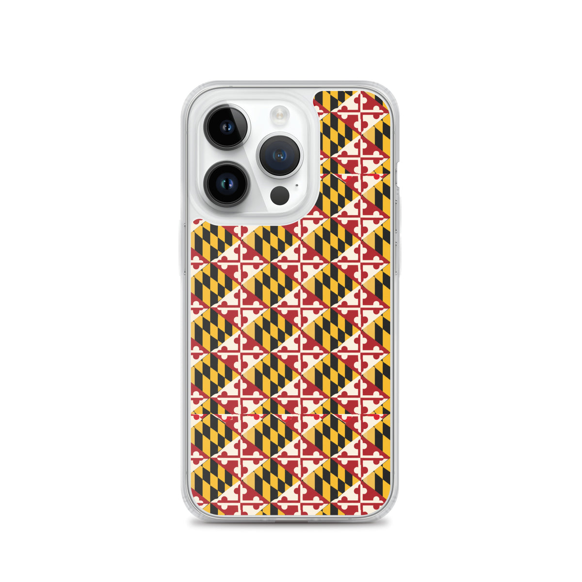 Maryland Flag Remix clear case for iPhone iphone 14 pro, shown on phone