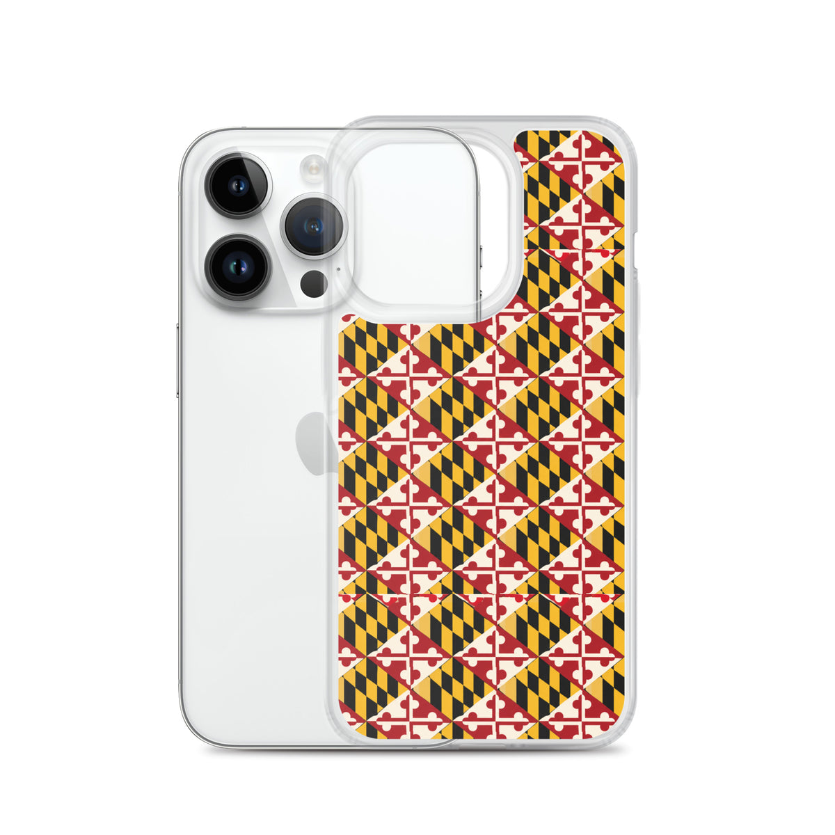 Maryland Flag Remix clear case for iPhone iphone 14 pro, shown beside phone