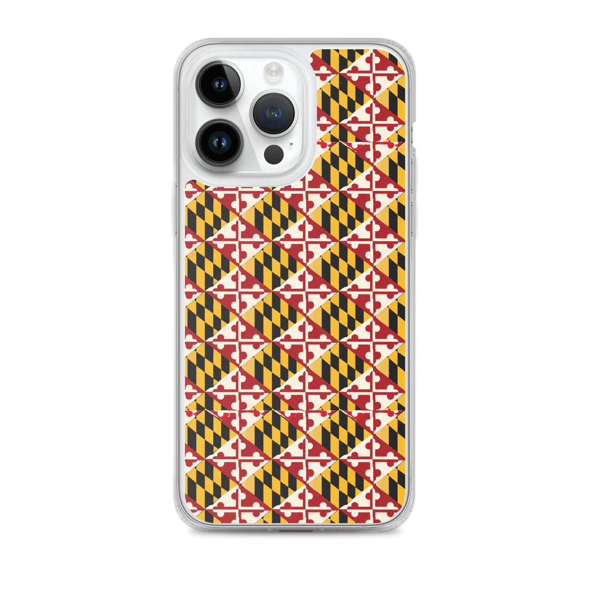 Maryland Flag Remix clear case for iPhone iphone 14 pro max, shown on phone