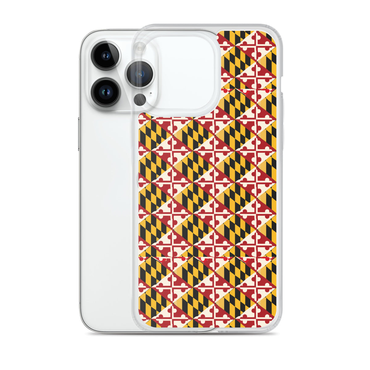 Maryland Flag Remix clear case for iPhone iphone 14 pro max, shown beside phone