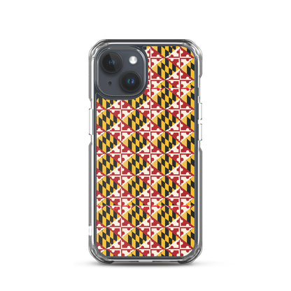 Maryland Flag Remix clear case for iPhone iphone 15, shown on phone