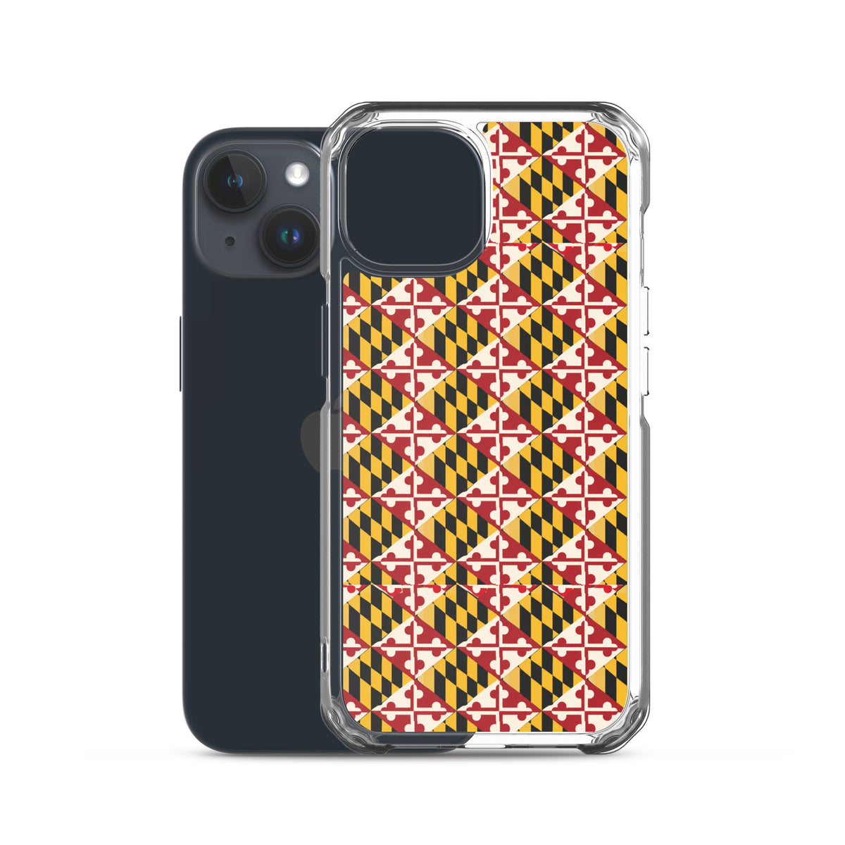 Maryland Flag Remix clear case for iPhone iphone 15, shown beside phone