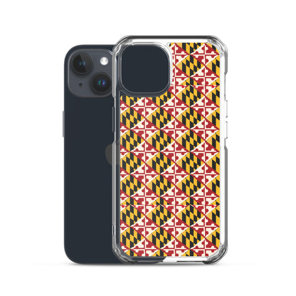 Maryland Flag Remix clear case for iPhone iphone 15, shown beside phone