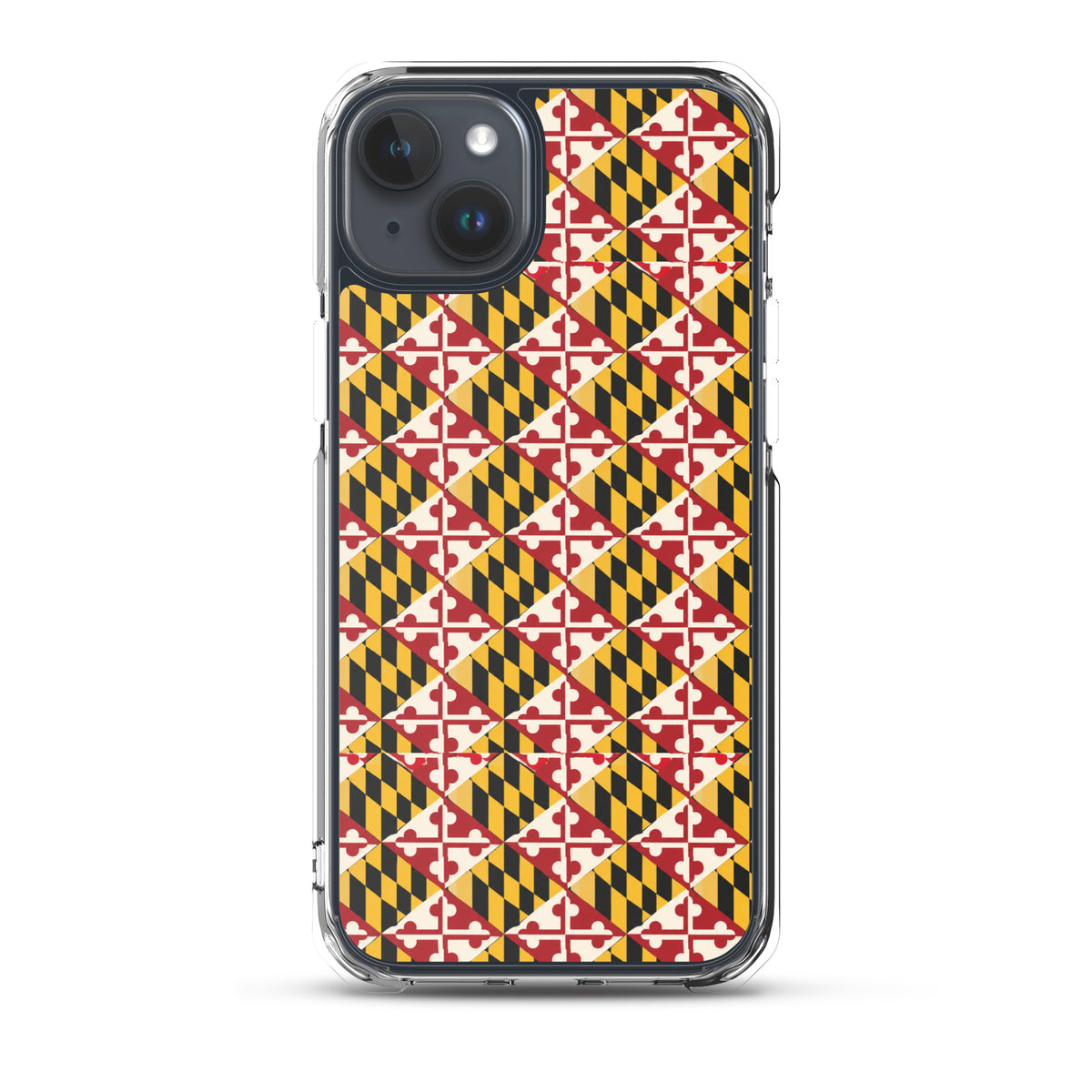 Maryland Flag Remix clear case for iPhone iphone 15 plus, shown on phone