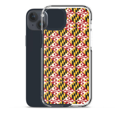 Maryland Flag Remix clear case for iPhone iphone 15 plus, shown beside phone
