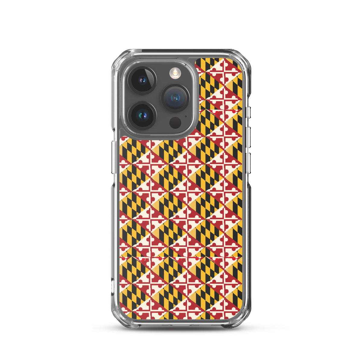 Maryland Flag Remix clear case for iPhone iphone 15 pro, shown on phone