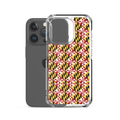 Maryland Flag Remix clear case for iPhone iphone 15 pro, shown beside phone