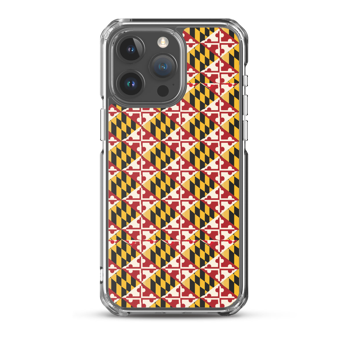 Maryland Flag Remix clear case for iPhone iphone 15 pro max, shown on phone