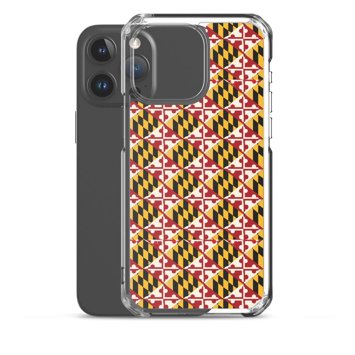 Maryland Flag Remix clear case for iPhone iphone 15 pro max, shown beside phone