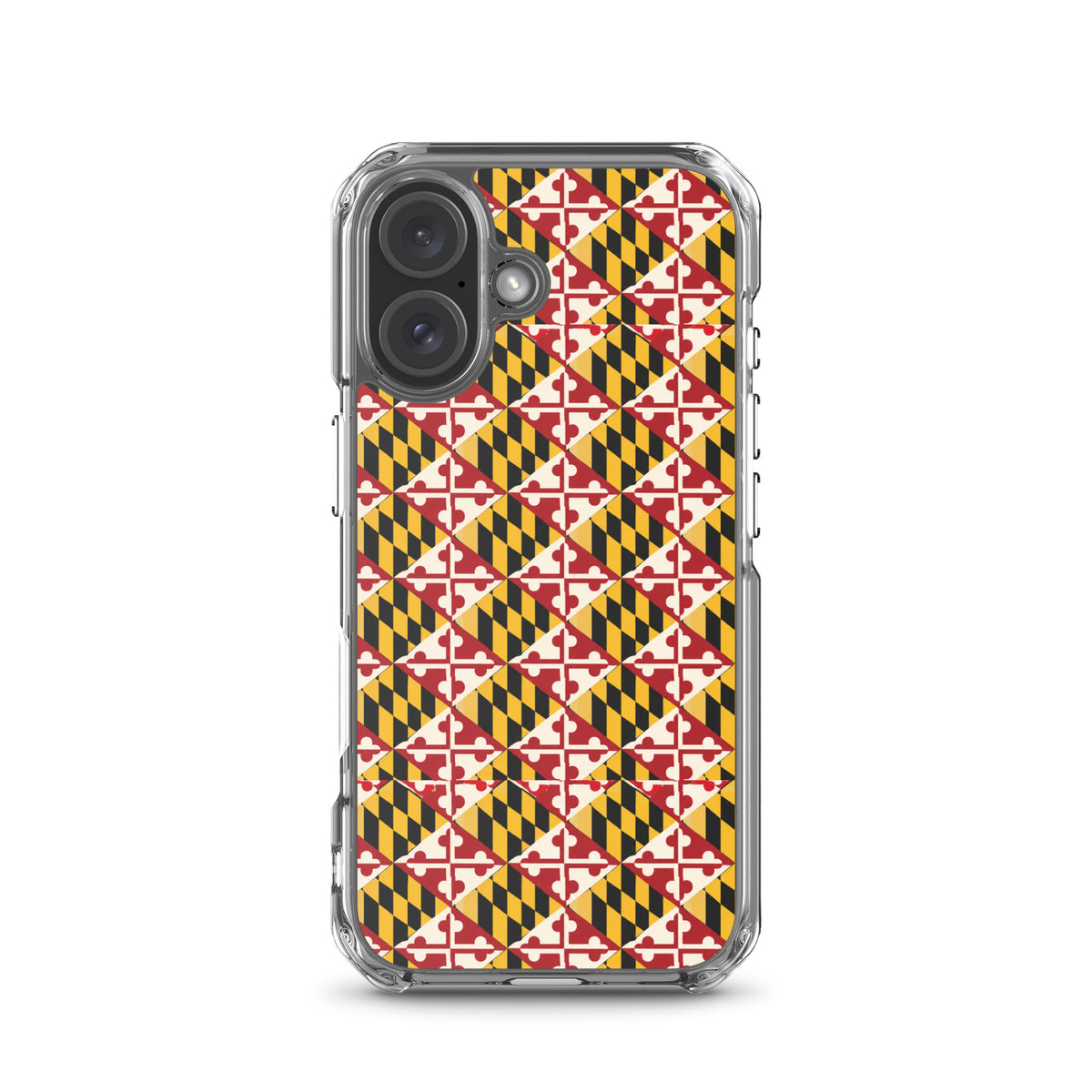 Maryland Flag Remix clear case for iPhone iphone 16, shown on phone