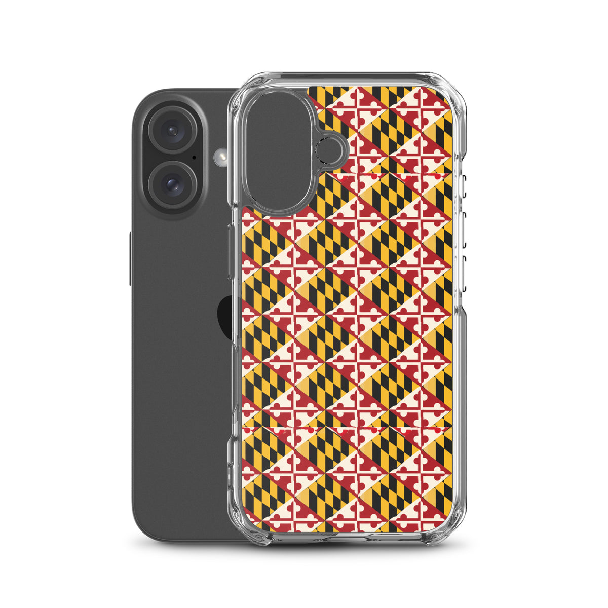 Maryland Flag Remix clear case for iPhone iphone 16, shown beside phone