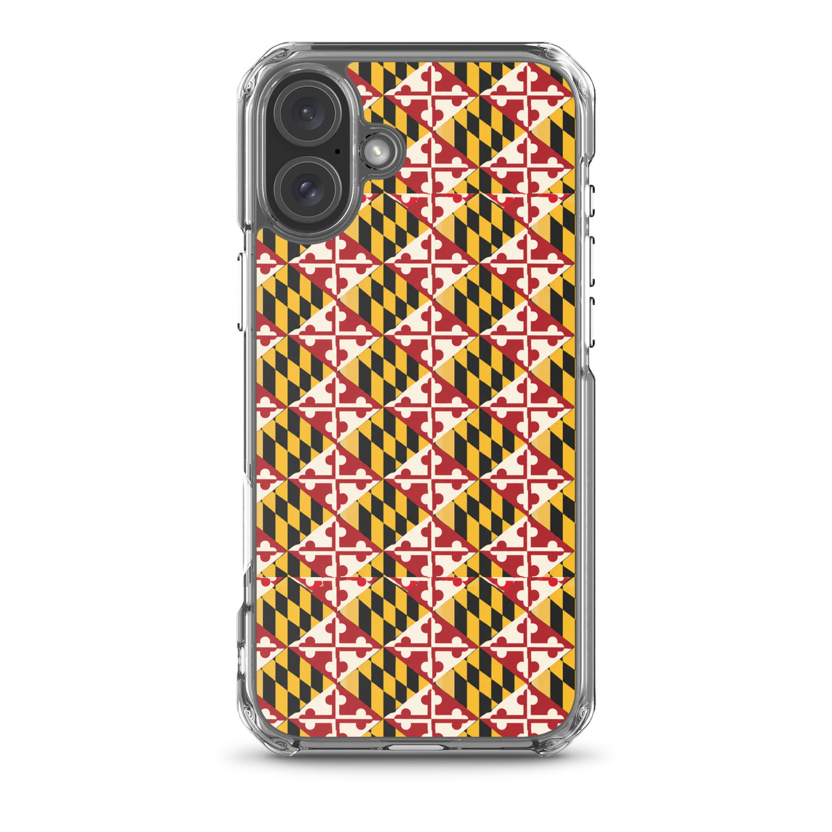 Maryland Flag Remix clear case for iPhone iphone 16 plus, shown on phone