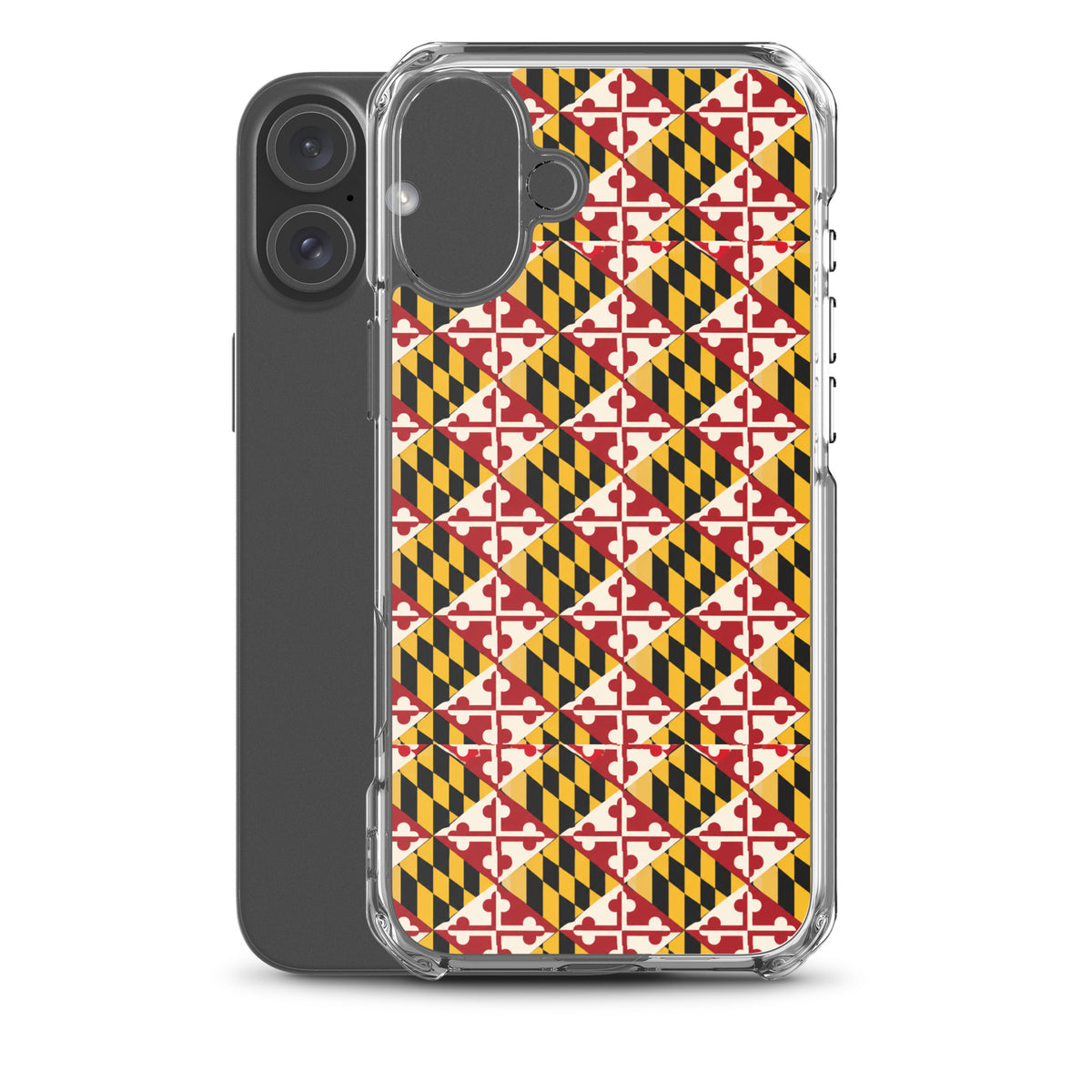 Maryland Flag Remix clear case for iPhone iphone 16 plus, shown beside phone