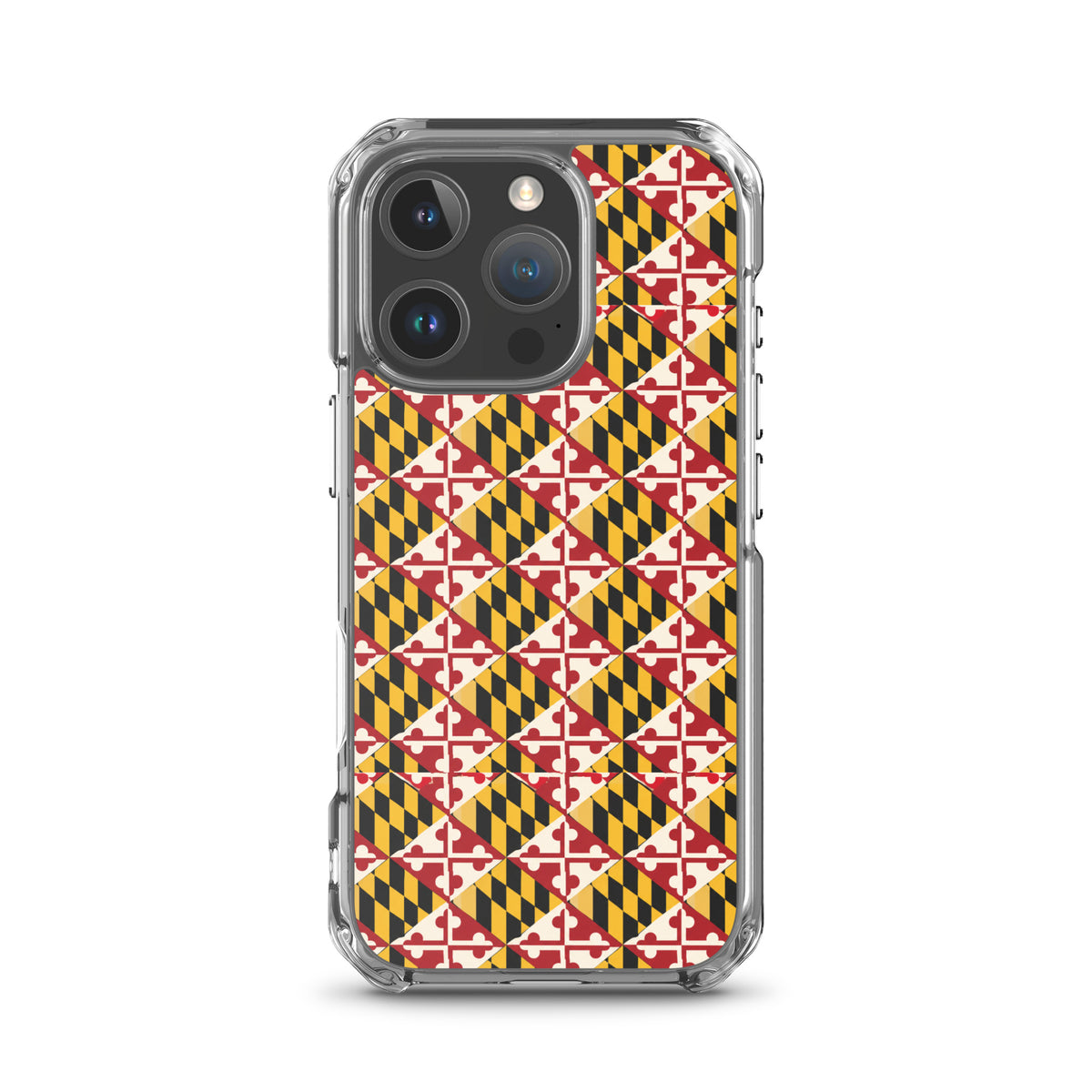 Maryland Flag Remix clear case for iPhone iphone 16 pro, shown on phone
