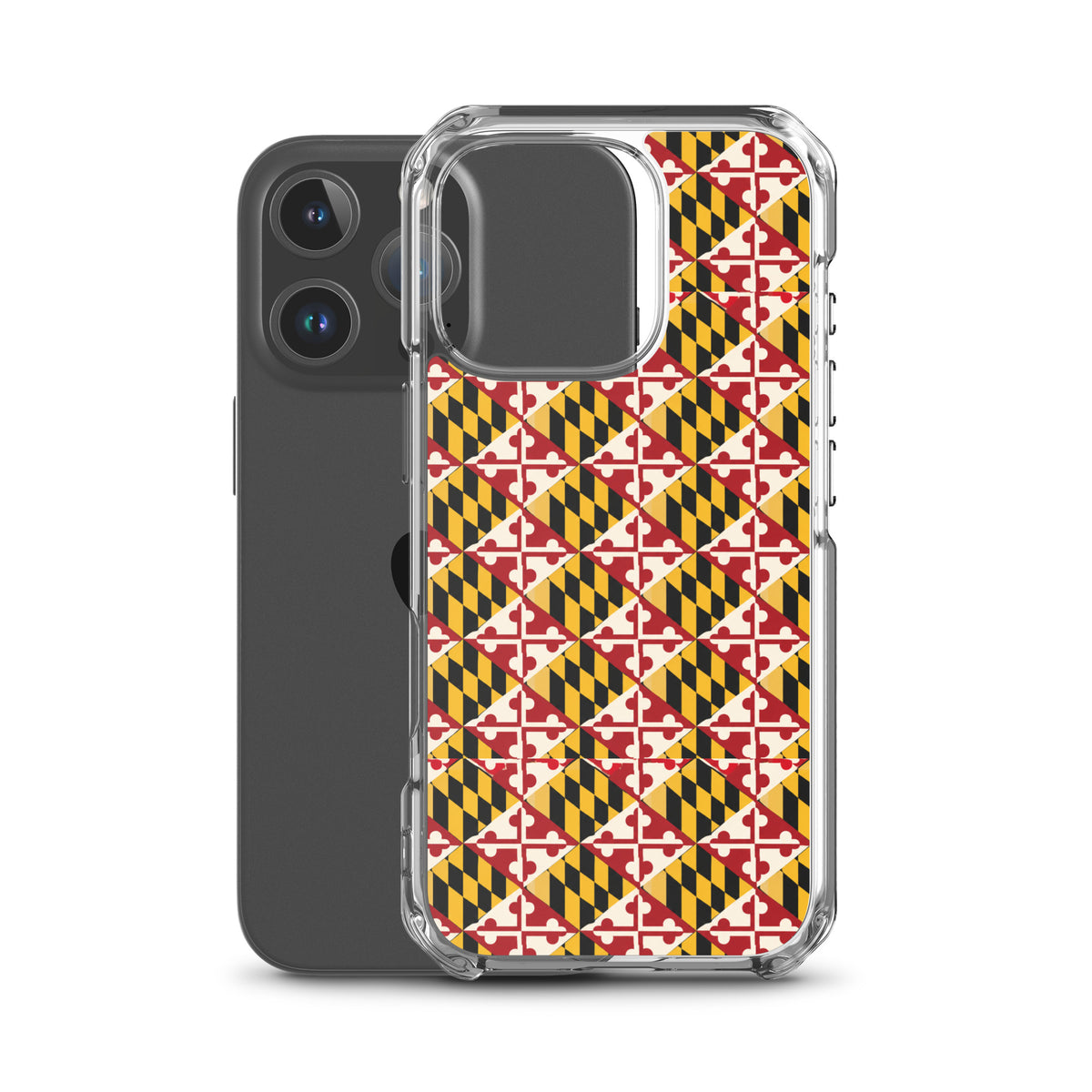 Maryland Flag Remix clear case for iPhone iphone 16 pro, shown beside phone