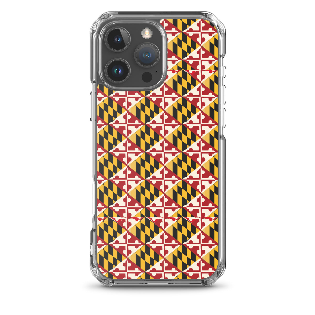 Maryland Flag Remix clear case for iPhone iphone 16 pro max, shown on phone