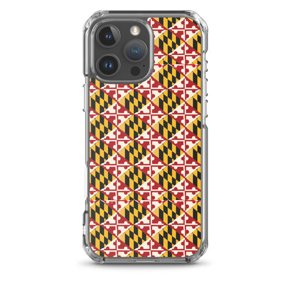 Maryland Flag Remix clear case for iPhone iphone 16 pro max, shown on phone