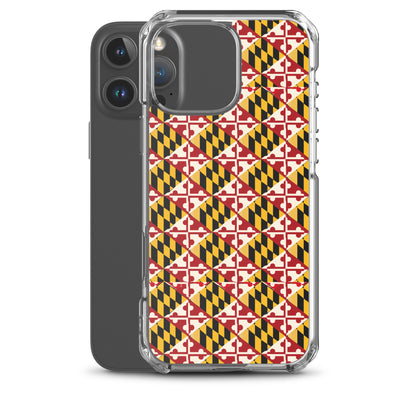 Maryland Flag Remix clear case for iPhone iphone 16 pro max, shown beside phone