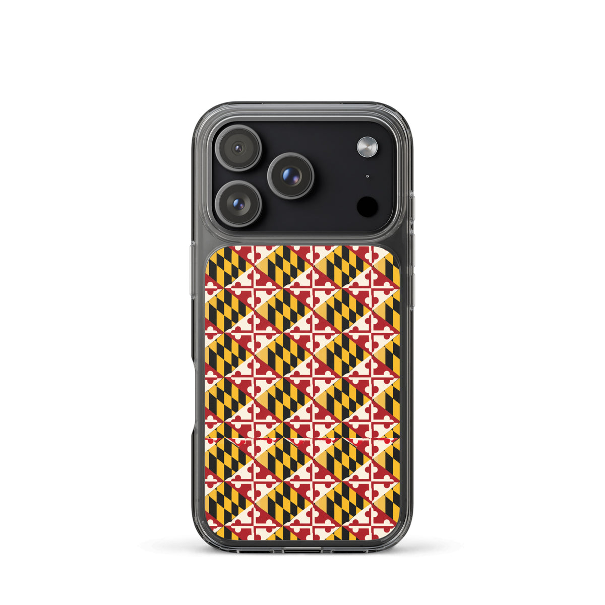 Maryland Flag Remix clear case for iPhone iphone 17 pro, shown on phone