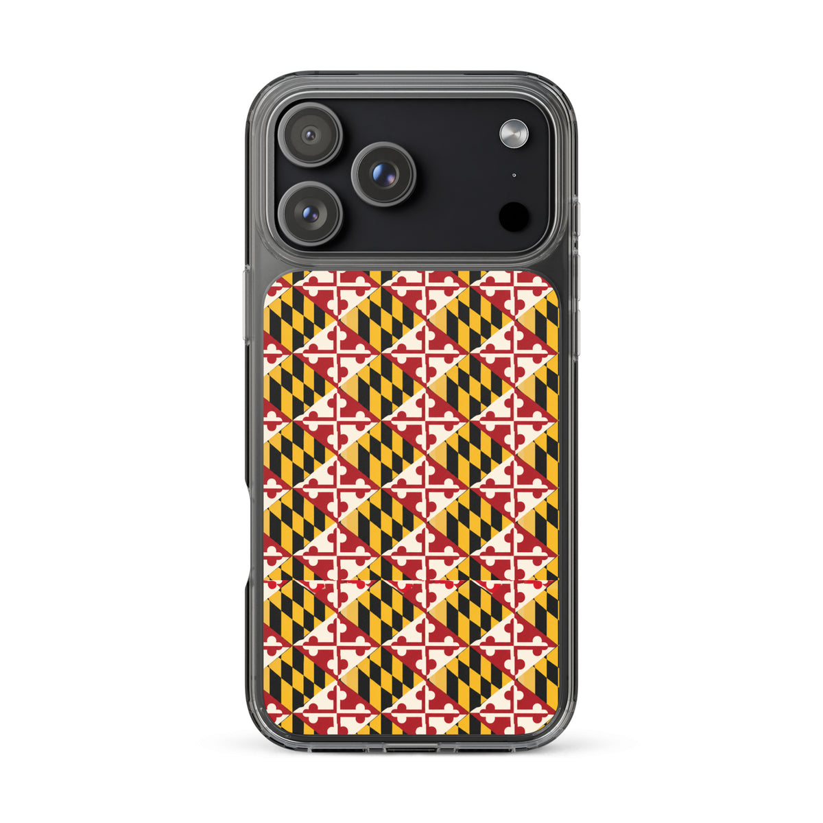 Maryland Flag Remix clear case for iPhone iphone 17 pro max, shown on phone