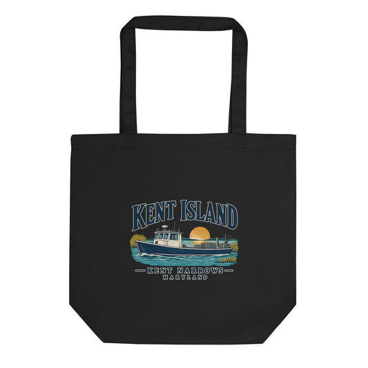 Black organic cotton tote with Kent Island Kent Narrows workboat artwork and ivory-outlined lettering