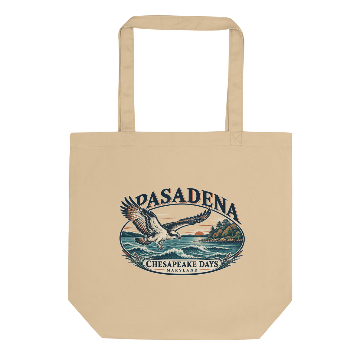 Pasadena Maryland Chesapeake Days Osprey Organic Cotton Tote Bag in Oyster, showing the original printed front design