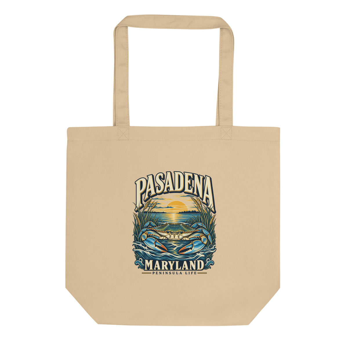Pasadena Maryland Peninsula Life Blue Crab Organic Cotton Tote Bag in Oyster, showing the original printed front design