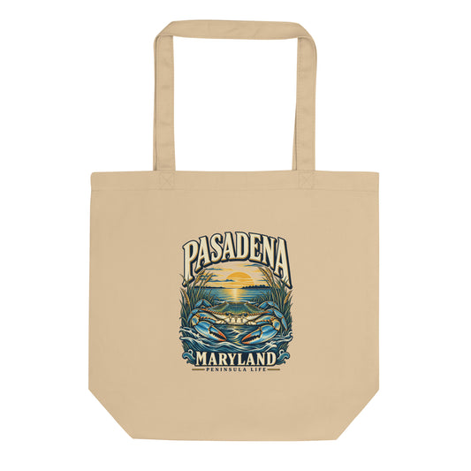 Pasadena Maryland Peninsula Life Blue Crab Organic Cotton Tote Bag in Oyster, showing the original printed front design