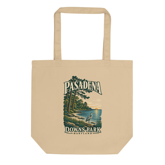 Pasadena Maryland Downs Park Shoreline Organic Cotton Tote Bag in Oyster, showing the original printed front design