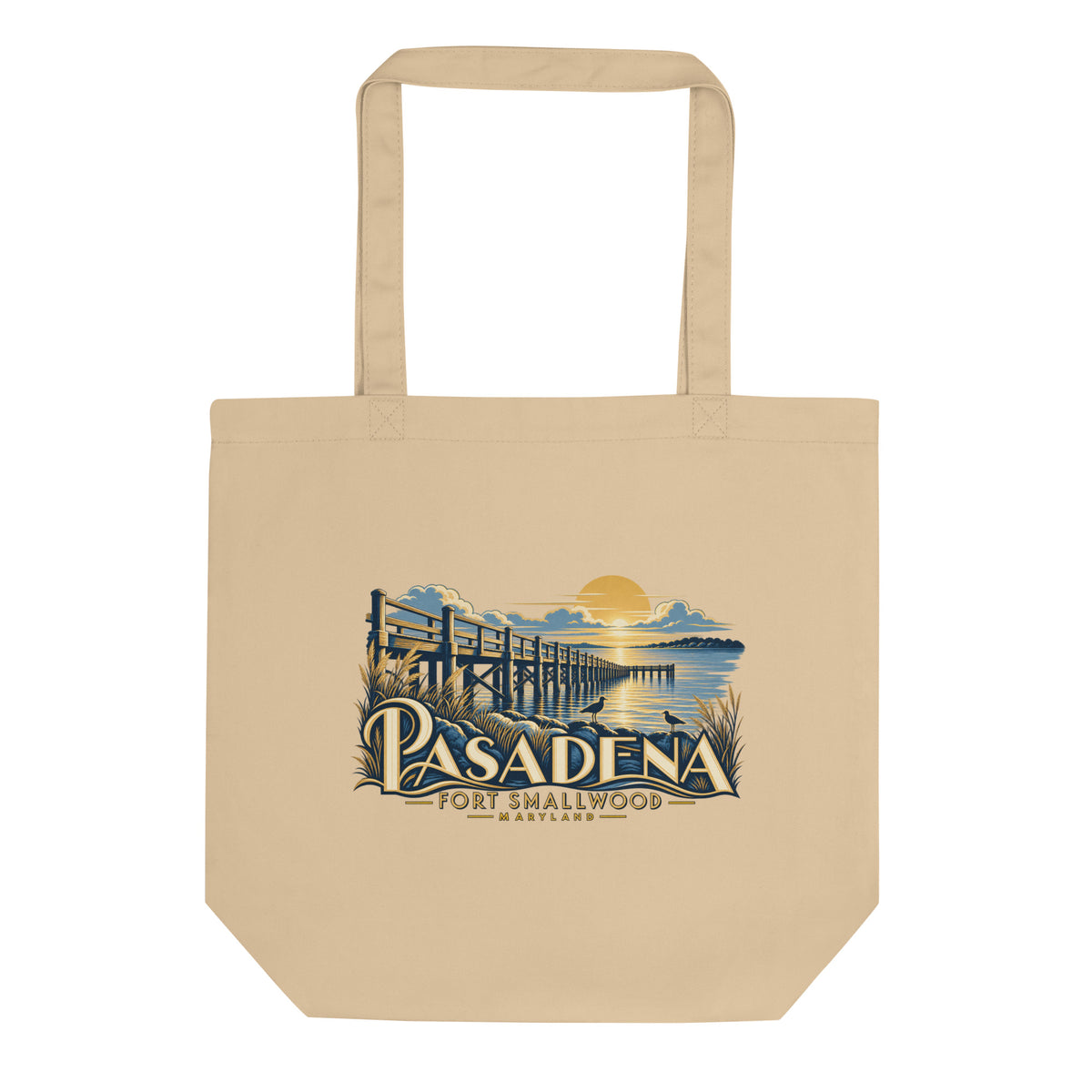 Pasadena Maryland Fort Smallwood Pier Organic Cotton Tote Bag in Oyster, showing the original printed front design