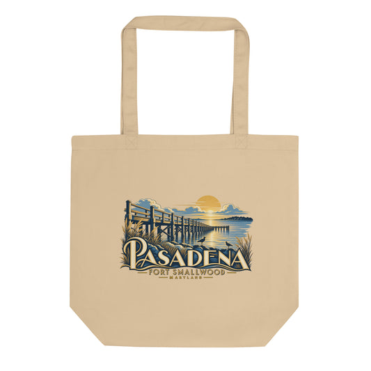 Pasadena Maryland Fort Smallwood Pier Organic Cotton Tote Bag in Oyster, showing the original printed front design