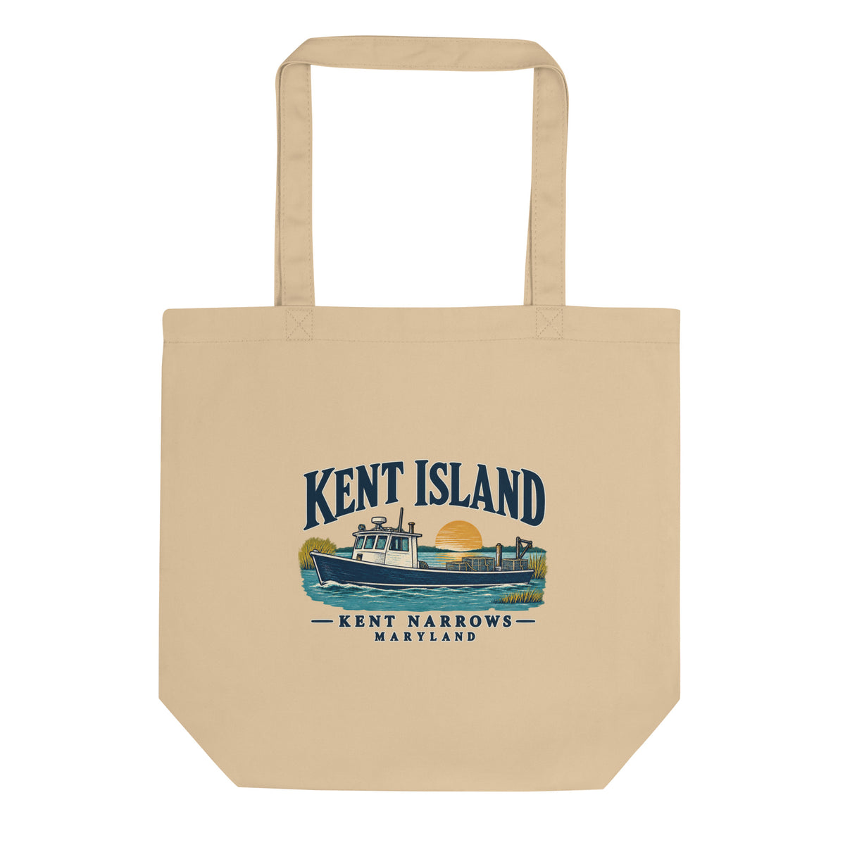 Oyster organic cotton tote with Kent Island Kent Narrows workboat artwork and ivory-outlined lettering