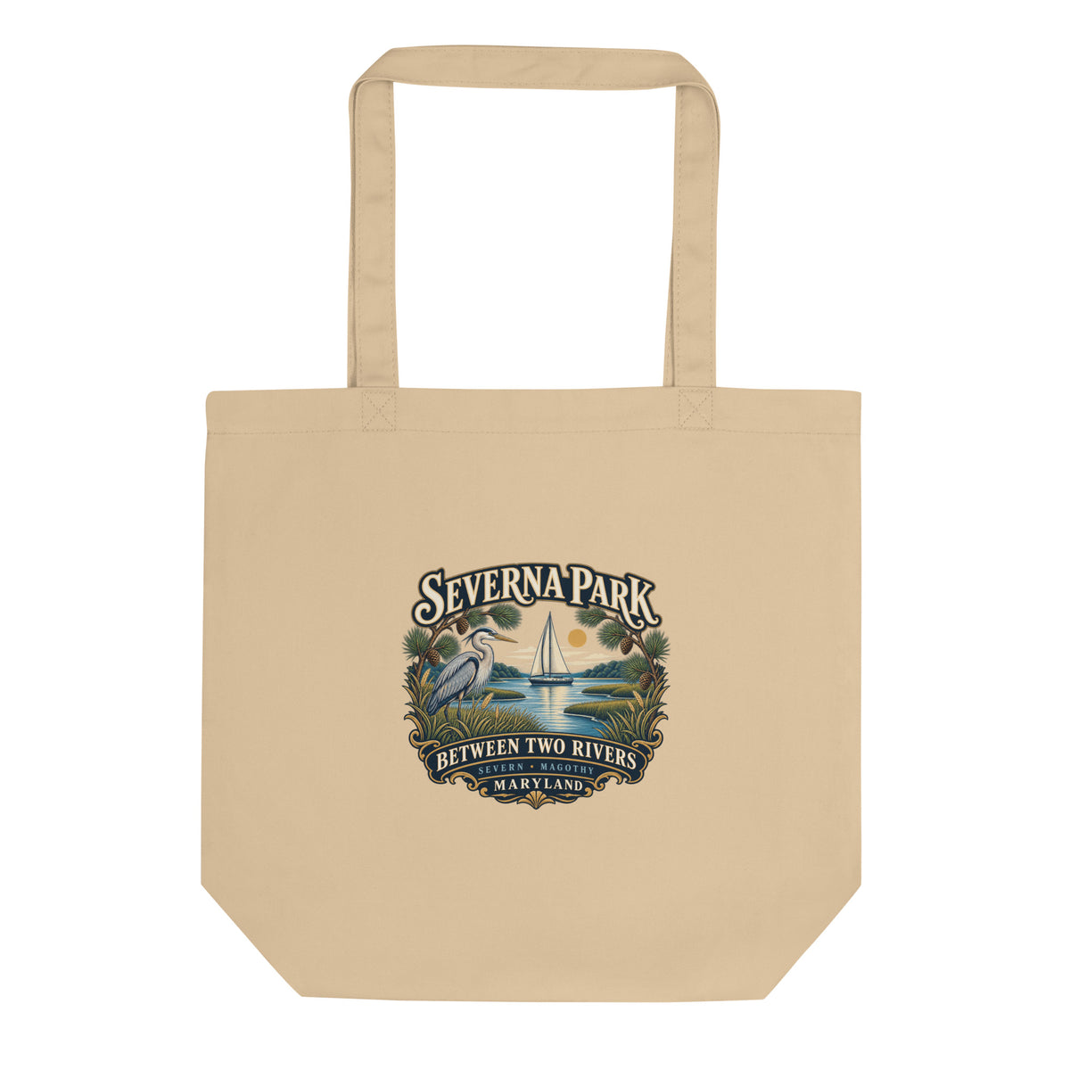 Severna Park Between Two Rivers sailboat and heron artwork with Severn and Magothy lettering on tote bag