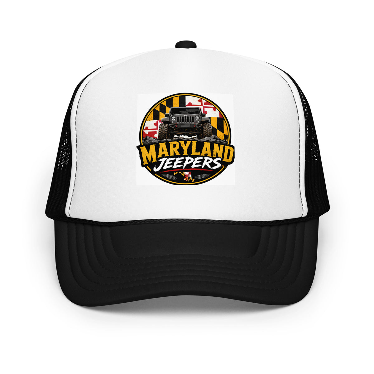 Maryland Jeepers flag badge foam trucker hat — black and white, front view