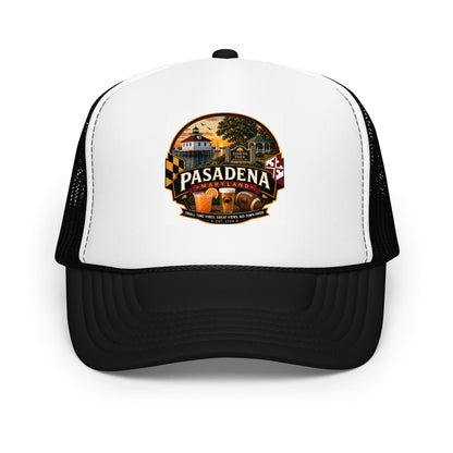 Pasadena Maryland Hometown Badge foam trucker hat – Black and white front view