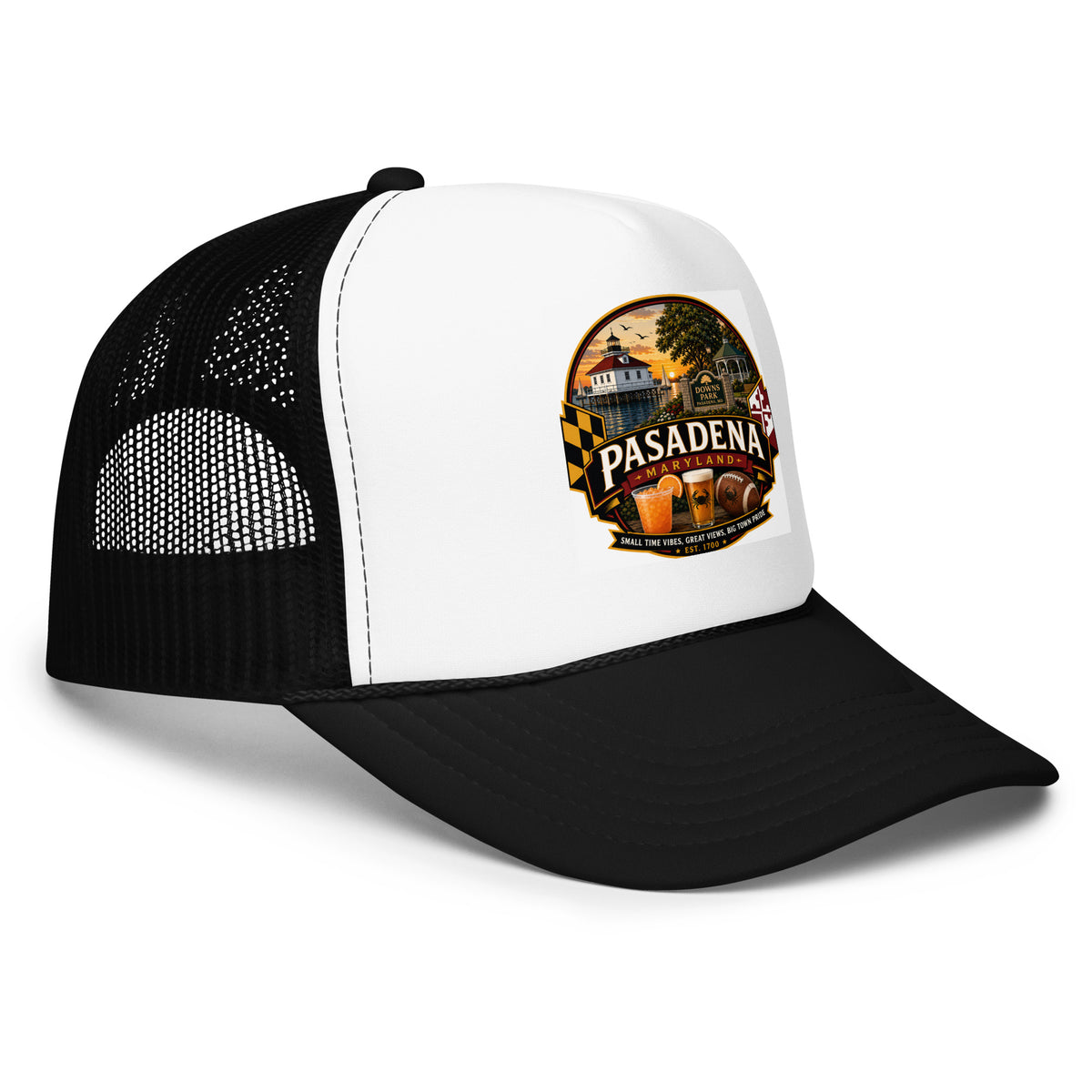 Pasadena Maryland Hometown Badge foam trucker hat – Black and white right-front view