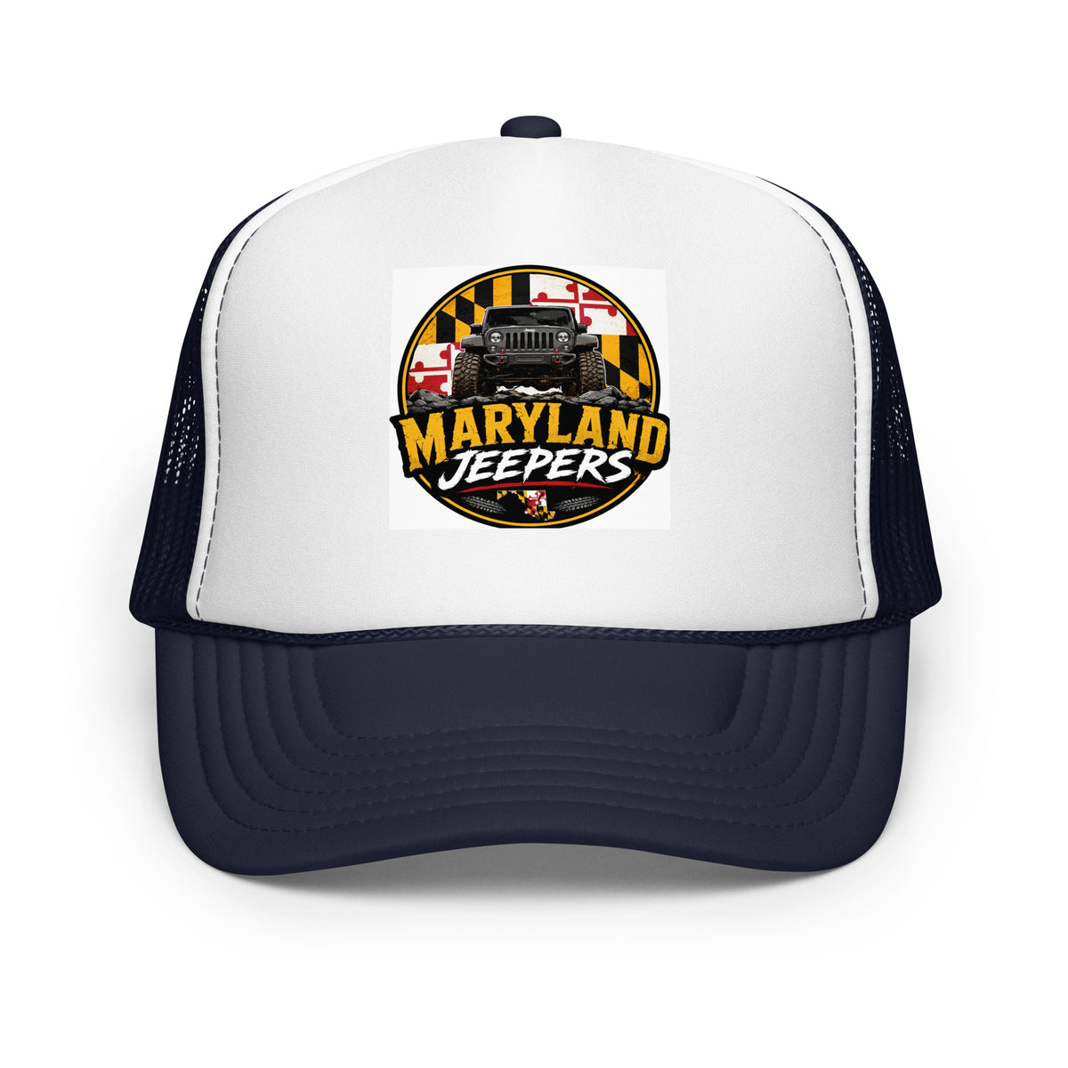 Maryland Jeepers flag badge foam trucker hat — navy and white, front view