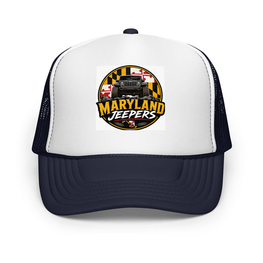 Maryland Jeepers flag badge foam trucker hat — navy and white, front view