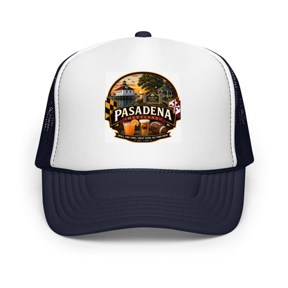 Pasadena Maryland Hometown Badge foam trucker hat – Navy and white front view
