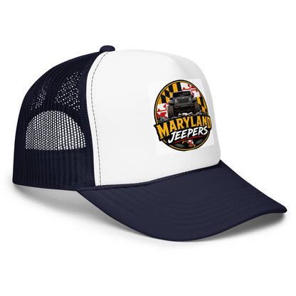 Maryland Jeepers flag badge foam trucker hat — navy and white, right-front view