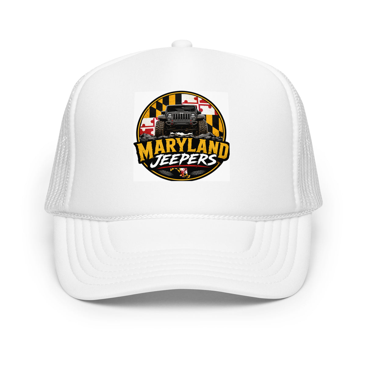 Maryland Jeepers flag badge foam trucker hat — white, front view