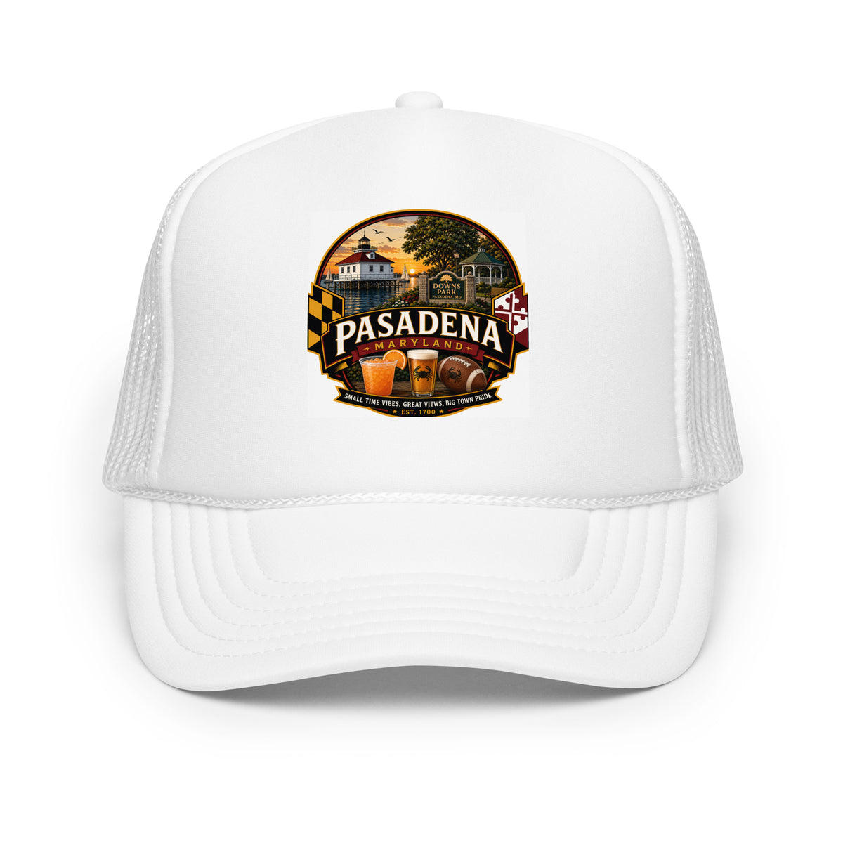 Pasadena Maryland Hometown Badge foam trucker hat – White front view