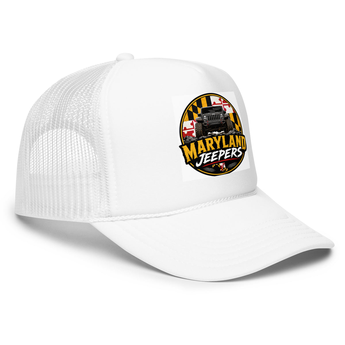 Maryland Jeepers flag badge foam trucker hat — white, right-front view
